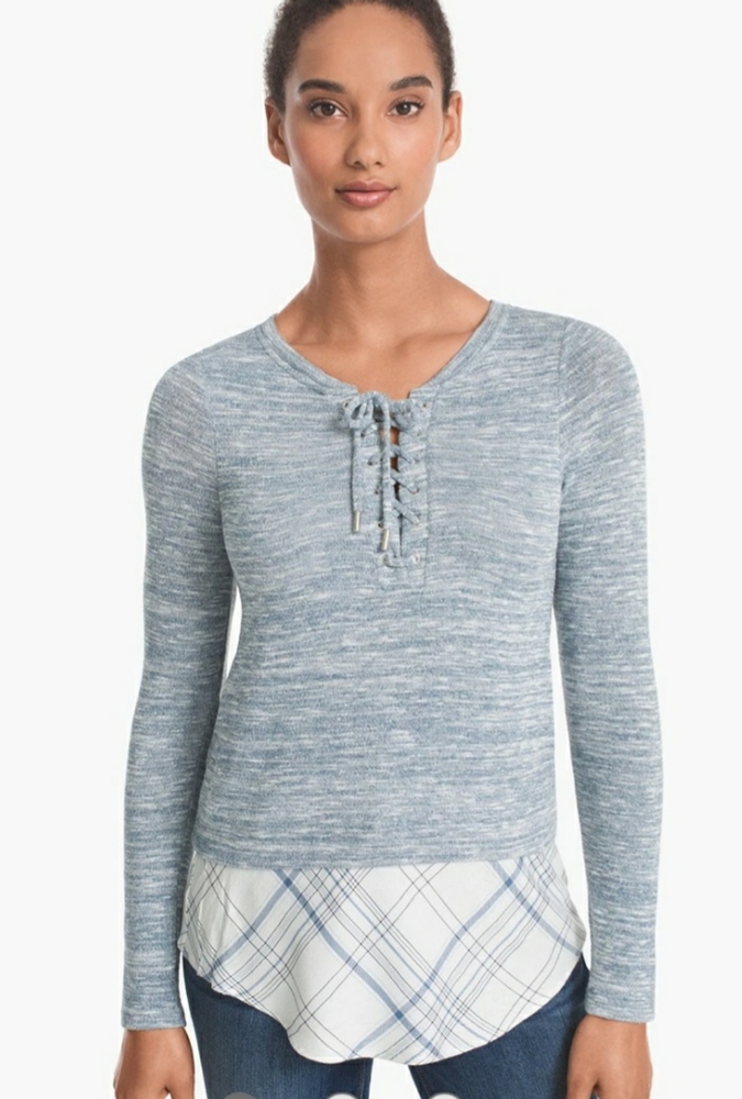 White House Black Market Plaid Hem Knit Pullover Long Sleeve Top Blue Size XS